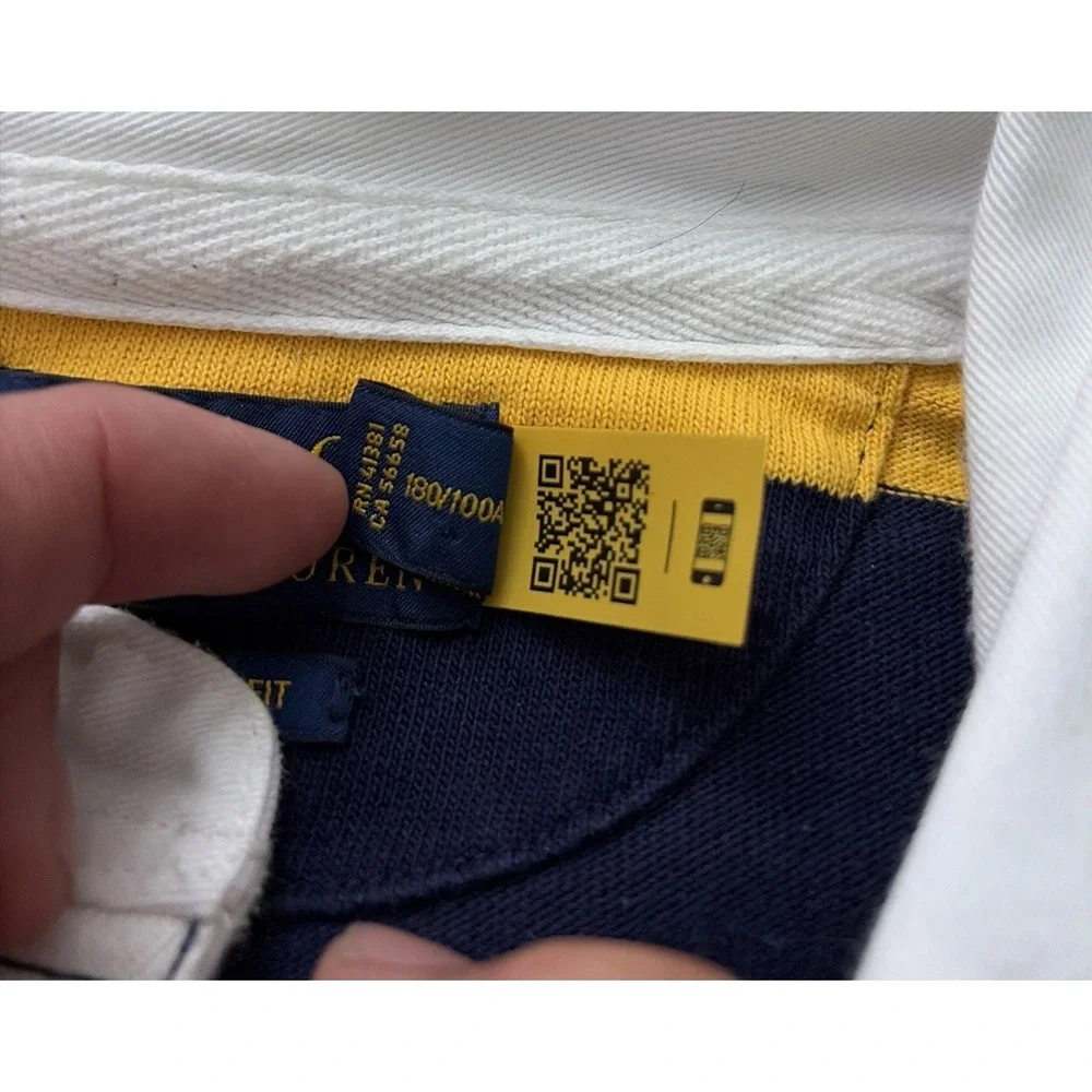 Polo Ralph Lauren XL Striped Rugby Polo Shirt Navy Yellow Long Sleeve Cotton